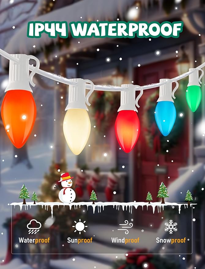 C7 Christmas Lights Outdoor, 25Ft Vintage Christmas String Lights with 27 Multicolor Ceramic Bulbs, Hanging Christmas Decorations Lights for Roofline House Garden Patio Backyard Party-White