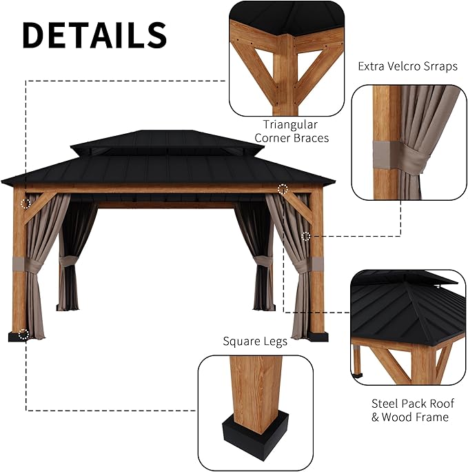 13' x 15' Double Hardtop Gazebo - Outdoor Thermal Transfer Wood-Looking Aluminum Gazebo with Double Hardtop, Privacy Curtains and Mosquito Nettings Included, for Patio, Garden, Backyard