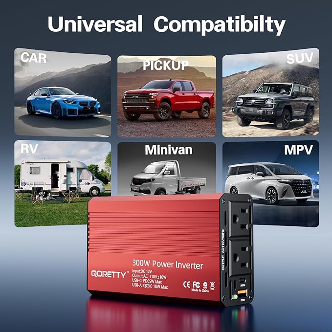 Car Power Inverter 300W, DC 12V to AC 110V Converter with Dual AC Outlets, USB Fast Charging Ports with PD 65W & USB-A 18W Car Plug Adapter Outlet for Laptop, Phone, Tablet