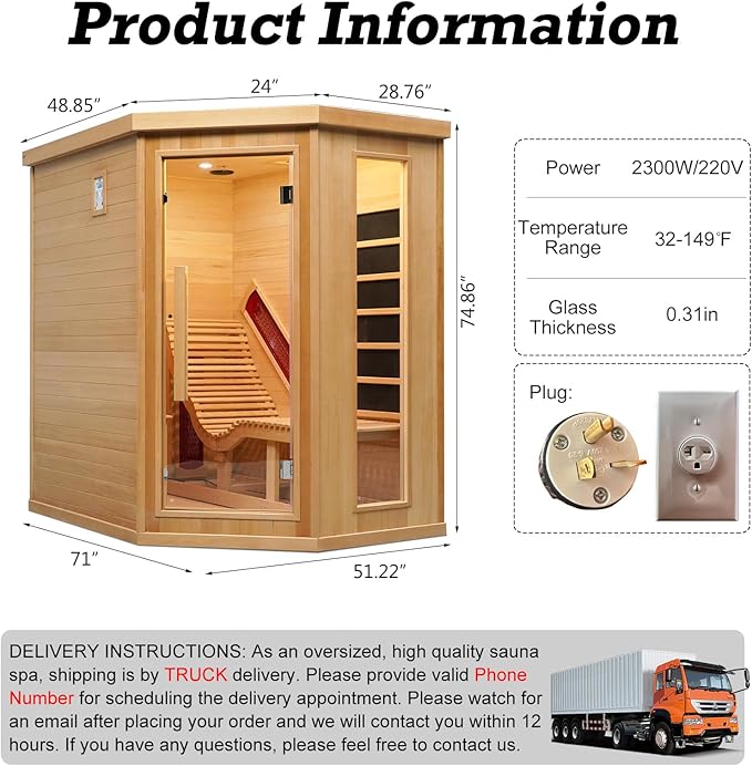Infrared Sauna with Recliner, 1-2 Person Hemlock Wood Indoor Home Sauna, Dry Sauna Spa with 2300W/220V Heater Tube & Carbon Panels, Control Panel, 10 Minutes Pre-Warm up, Oxygen Bar, Hourglass