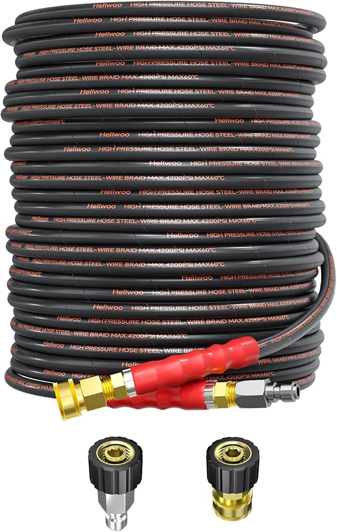 Pressure Washer Hose 100FT 1/4" for Cold & Hot Water (Up to 140℉) 4200 PSI Kink Resistant Industrial Grade Steel Wire Braided QC Ends with 3/8" Adapters for Professional and Home