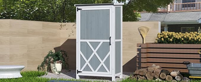 GDFStudio 54" Two-Tone Storage Shed Gray & White Design Outdoor Tool Storage House with Sloped Roof & 5 Customizable Compartments for Garden Patio Backyard, Gray