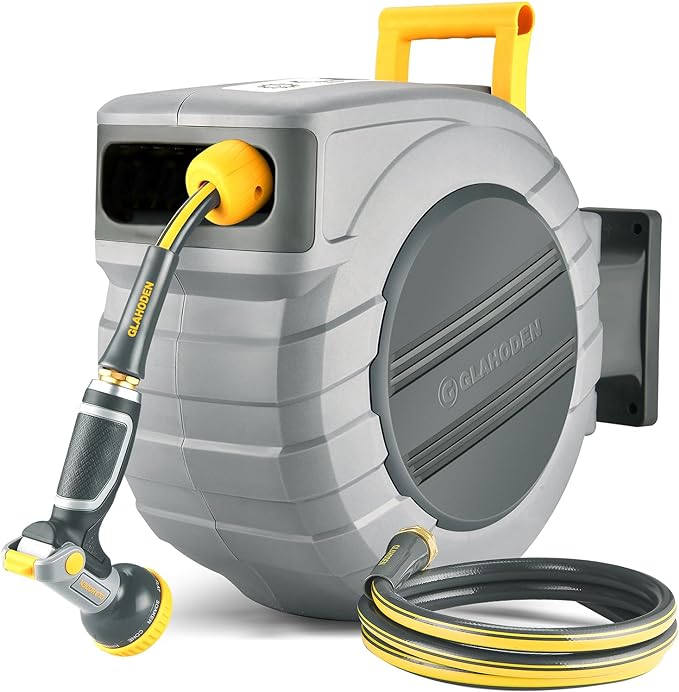 GLAHODEN Retractable Garden Hose Reel 5/8 in x 65 ft, 2025 Upgraded Dual Ratchet Lock UV & Freeze Protection Brass Seal Slow Retraction Anti-Tangle Hose 180°Swivel Reinforced Scaffold Wall Mount