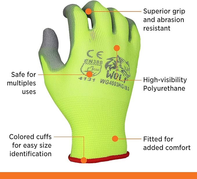 WOLF Polyurethane Palm Coated Nylon Shell Work Gloves, Construction, Mechanic, Warehouse, Yard Work, Gardening