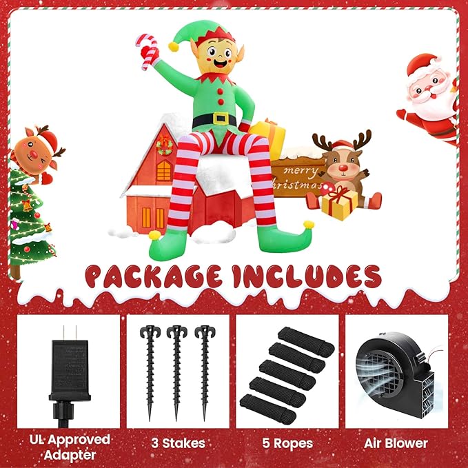 12FT Christmas inflatables, Christmas Inflatable Outdoor Decoration Sitting Elf with Built-in Led Lights, Christma Blow Ups Outdoor Roof Yard Lawn Xmas Decor