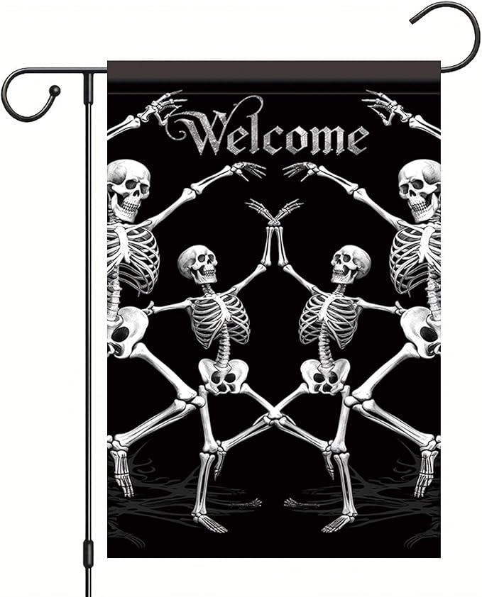 Halloween Garden Flag Dancing Skeleton Welcome Flag 12x18 Inch Double Sided Gothic Outdoor House Yard Banner for Lawn Porch Patio Spooky Skull Holiday Decoration Black Background Decor
