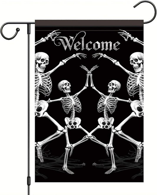 Halloween Garden Flag Dancing Skeleton Welcome Flag 12x18 Inch Double Sided Gothic Outdoor House Yard Banner for Lawn Porch Patio Spooky Skull Holiday Decoration Black Background Decor