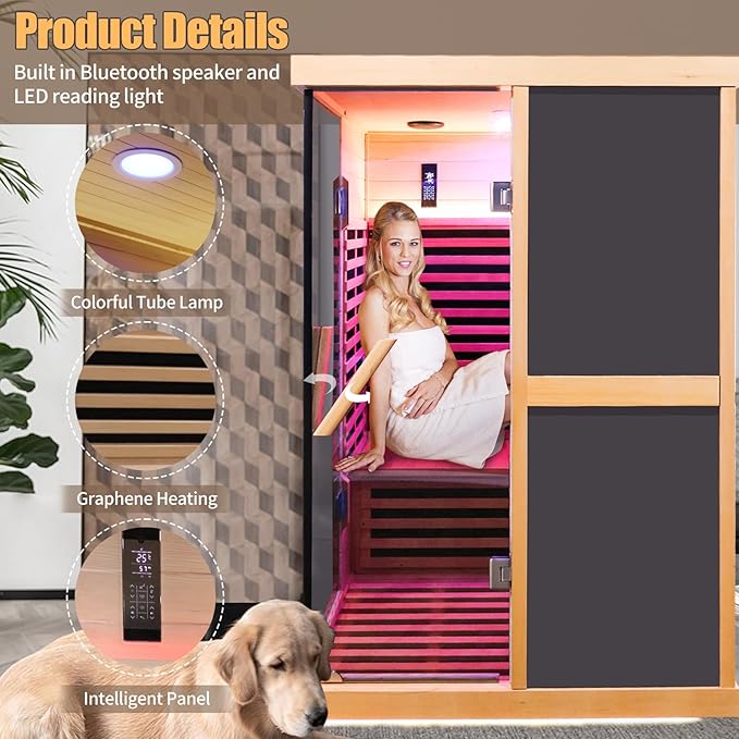 2 Person Infrared Sauna,Far Infrared Home Sauna Room,1980W Light Therapy Lamp Dry Sauna for Home,Canadian Hemlock Indoor Corner Sauna Spa with Bluetooth Speaker,for Unwell Men,Women,Elderly