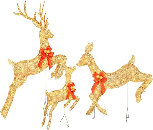 NALONE 4.7 FT Large 3 Pieces Lighted Reindeer Christmas Decoration with 210 Warm White LED Lights, Pre-lit 3D Christmas Deer Family Set Decor Outdoor Yard with Stakes, Bow Ties, Mat