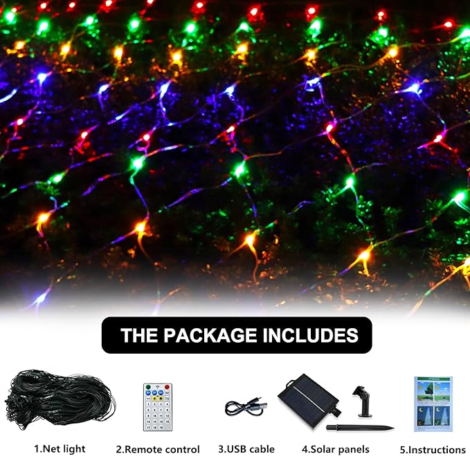 Solar Net Lights Outdoor Mesh Lights Multicolor, 200 LED Net Lights Christmas Colorful, Waterproof 19 Modes Timer Tree Wrap Lights for Fence, Garden, Yard, Bushes, Trunk, Halloween Decor-9.8ft x 6.6ft