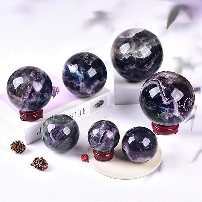 JIC Gem Natural Colorful Fluorite Crystal Sphere with Wooden Stand,Decorative Crystal Ball Fluorite Gemstone Sphere for Meditation,Feng Shui,Witch-Style Decor,Table 80-90mm