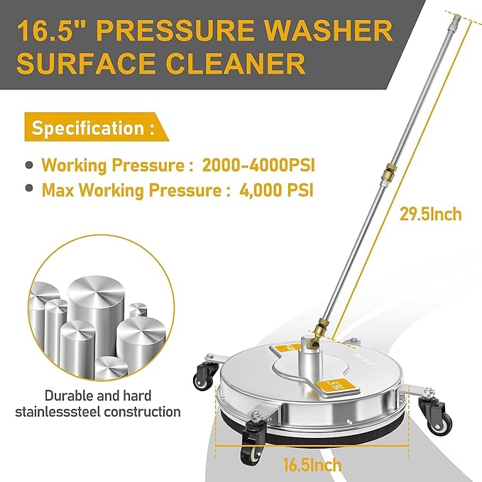 EVEAGE 16.5" Pressure Washer Surface Cleaner, Power Washer Surface Cleaner w/Extension Wand & Replacement Nozzle, 4 Wheels - Powerful Pressure Washer Attachment for Patios,4000PSI