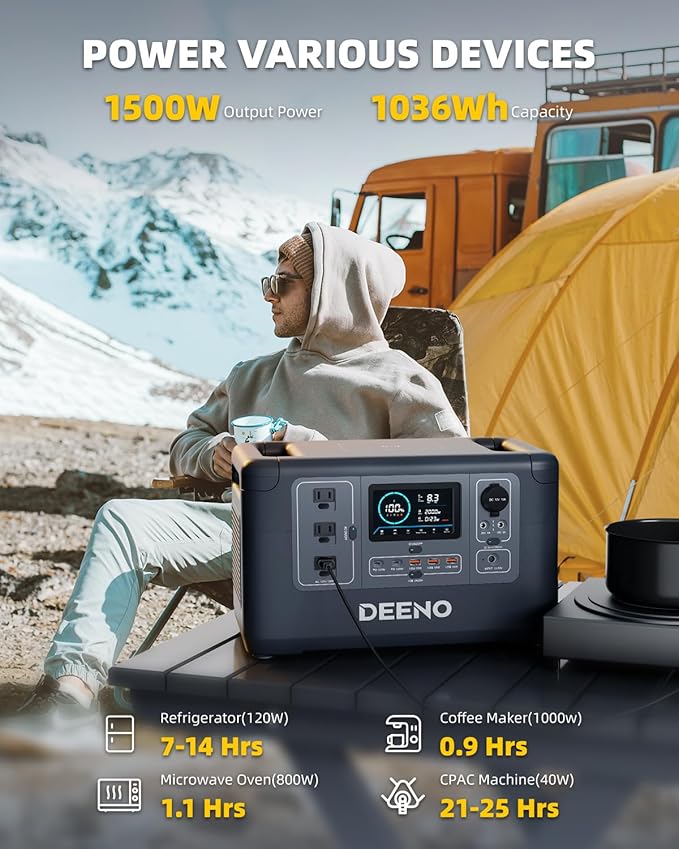 DEENO X1500 Portable Power Station, 6 Hours Charging & Multi-Device Support, 1036Wh LiFePO4 Battery, 1500W Continuous Power, Portable Generator for Emergency Backup, Home, Camping, RVs