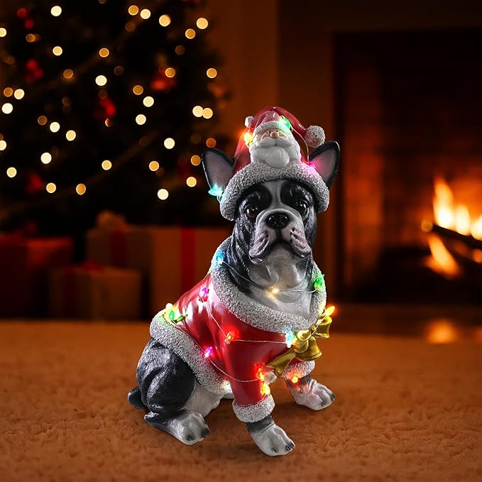 Christmas Outdoor Decoration Dog Statue, LED Light Cute French Bulldog Sculpture with Santa Outfit & Lights for Garden and Yard, Indoor Holiday Décor Gift for mom and dad