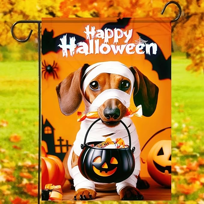 Halloween Decorations Outdoor Garden Flag 12x18 Inch Double Sided Dachshund Dog Pumpkin Ghost Skeleton Fall Decor Yard Lawn Porch Patio Banner Halloween Garden Flags