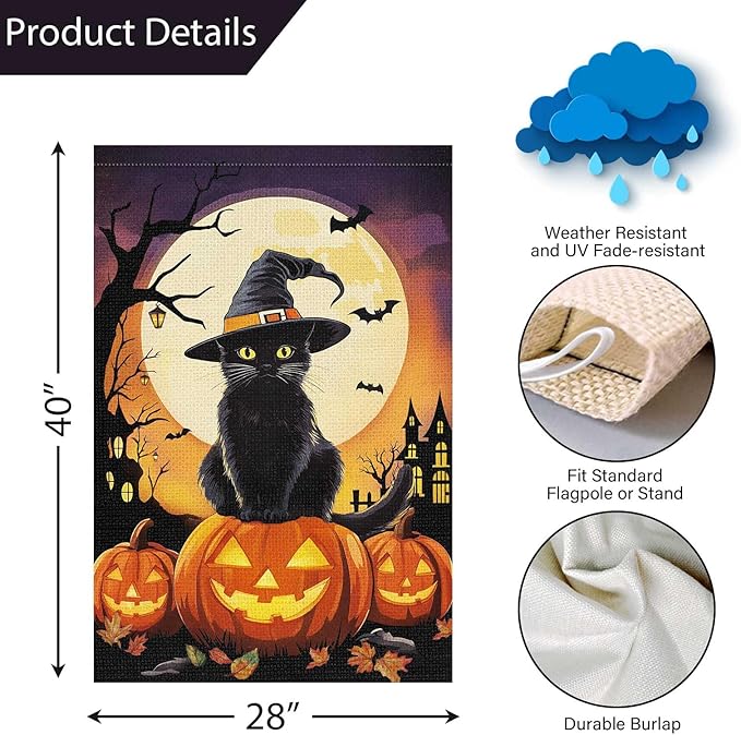Louise Maelys Halloween Garden Flag Black Cat Witch Hat Pumpkin 28x40 Inch Double Sided Boo Moon Holiday Seasonal Fall Autumn Large Burlap Yard Sign Outside Outdoor House Decoration