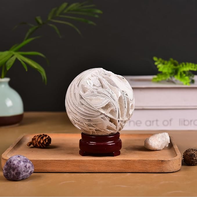 JIC Gem Mexican White Agate Crystal Ball with Wooden Stand White Healing Crystal Sphere Ball for Feng Shui Decor Spiritual Gifts 60-70mm