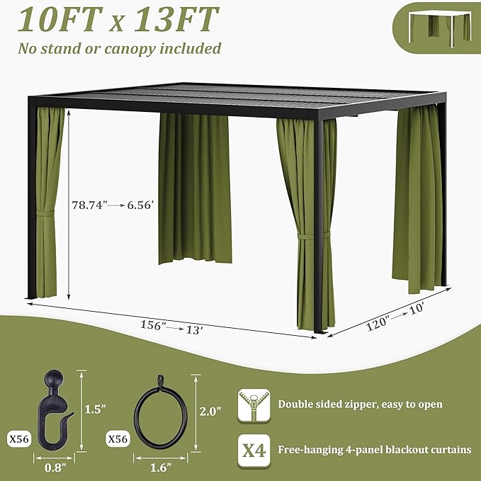Gazebo Universal Replacement Privacy Curtain,10'×13' Gazebo Outdoor Waterproof Curtains, 4-Panels Sidewall Curtains with Double Zipper for Patio Canopy, Garden and Backyard (Curtain Only)