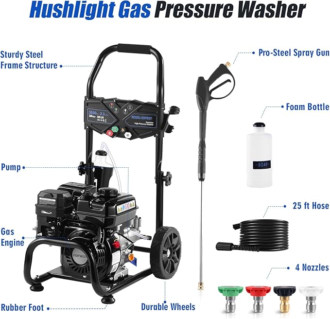 Gas Pressure Washer, 3500 PSI and 2.3 GPM High Pressure Cleaning Machine with 4 Quick Connect Nozzles & Foam Cannon, Portable Pressure Washer for Cars, Fences, Driveways, Patios, Home Cleaning