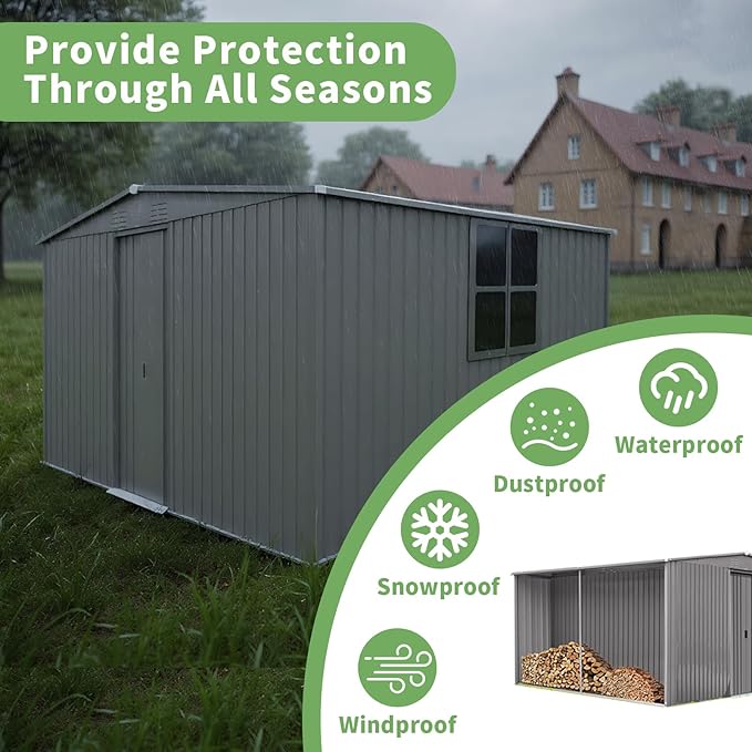 13ft x 11ft Dual Purpose Outdoor Shed: All-in-One Metal Tool Storage & Firewood Rack | Winter-Ready Design | Grey Galvanized Steel