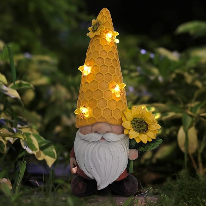 12.3''Garden Gnomes Outdoor Statues Clearance for Garden Decor with Solar Bee Lights,Christmas Gnomes Outdoor Decor - Sunflower Gifts for Women Mom,Yard Art Sculptures for Patio Lawn Yard