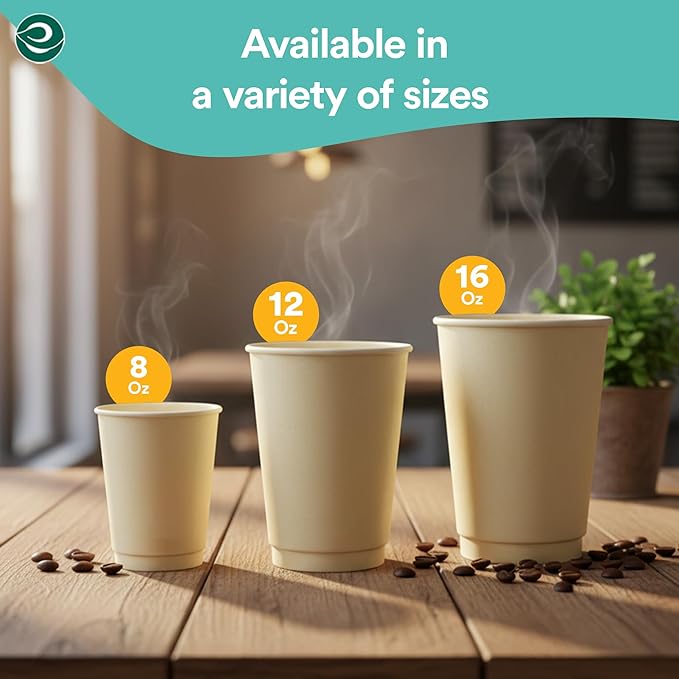 ECO SOUL 100% Compostable Plant-Based 16oz Hot Cups | (50 Count, 16 oz Hot Cups) | Disposable Bagasse Paper Cups | Eco-friendly Cups | Sturdy, Microwave & Oven Safe