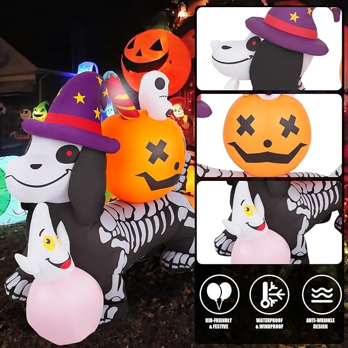 Halloween Inflatable Pumpkins & Skeleton Dog Decorations, 5FT Halloween Inflatable Outdoor Decorations, Blow up LED Lights Lighted Yard Decorations, Lawn Inflatables Home Family Outside Holiday Decor