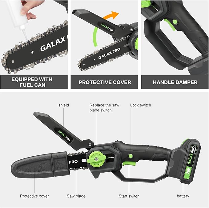 GALAX PRO 6 Inch Mini Chainsaw with 2x2.0Amh Batteries[2025 Upgraded] Small Handheld Electric Chainsaw for Outdoor Tree Branch Cutting,Home Improvement, Garden & Orchard Pruning
