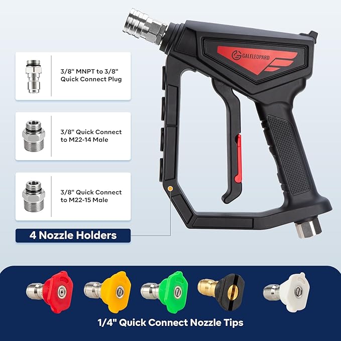 Short Pressure Washer Gun,5000 PSI High Power Washer Gun with 5 Spray Nozzle Tips, 3/8" Quick Connect Plug and M22-14/15mm Fittings, Compatible with Foam Cannon, Nozzle Tips Holder