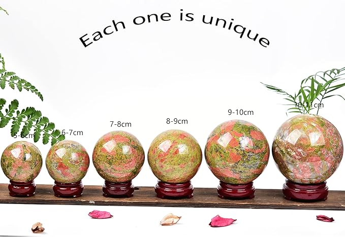 JIC Gem Natural Unakite Crystal Sphere Rock Quartz Crystal Ball with Wood Stand Healing Meditation Energy Decoation Ball (70-80mm)