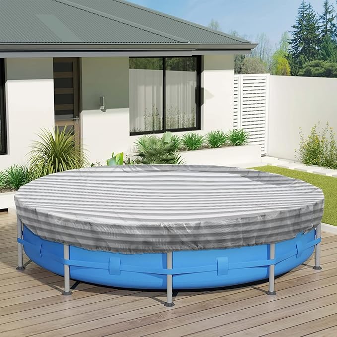 ECOOPTS 7 ft Round Pool Cover for Above Ground Pools, Swimming Pool Cover Protector Winter Safety Cover (Gray White Stripes)