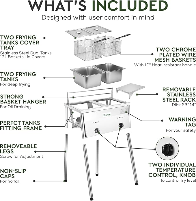 HOMIRA Stainless Steel Two-Tank Propane Deep Fryer with Thermometer, 2 Stainless Steel Baskets and Lids Fish Fryer with Adjustable Temperature Regulator, Outdoor Dual Fryer for Frying