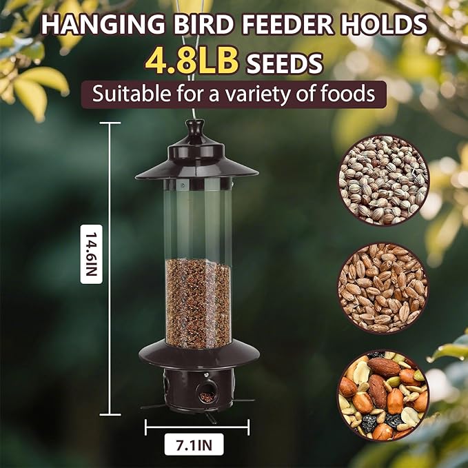 Metal Bird Feeder for Outdoors, Hanging Squirrel Proof Bird Feeders for Outside with 4.8 Lb Capacity, 4 Ports Tube Wild Birdfeeders for Garden Yard Decoration Viewing Cardinal, Weather-Resistant
