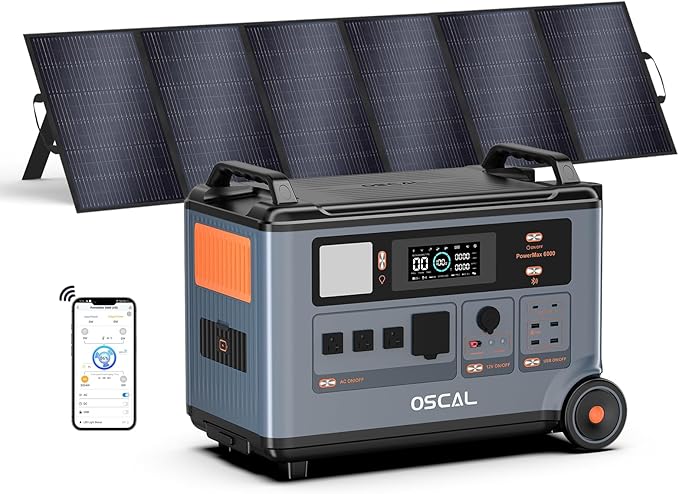 OSCAL PowerMax 6000 Solar Generator, 3600Wh/6000W Power Station with 500W Solar Panels, 120V/240V Split Phase Voltage AC Outlets (9000W Peak), 2400W Solar Charging,Emergency for Home,Battery Backup