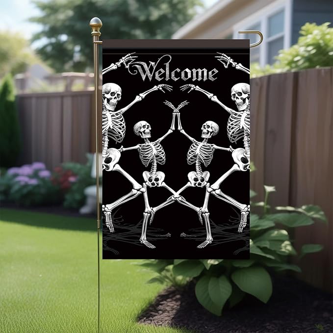 Halloween Garden Flag Dancing Skeleton Welcome Flag 12x18 Inch Double Sided Gothic Outdoor House Yard Banner for Lawn Porch Patio Spooky Skull Holiday Decoration Black Background Decor