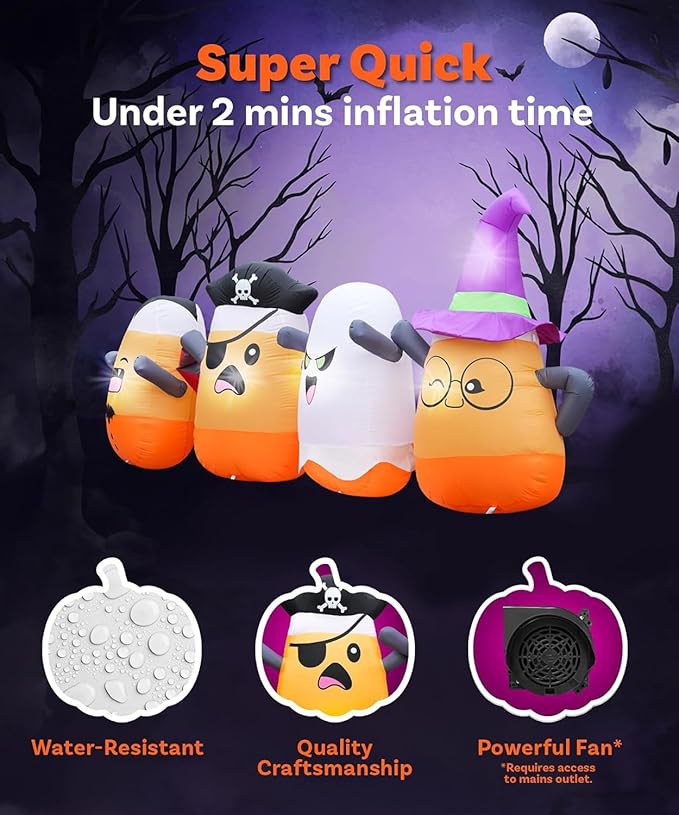11.5FT Length Halloween Inflatables Four Corn Candy Decoration, Halloween Blow Up Corn Candy Dressed Vampire Pirate Ghost Wizard Built-in 5 LEDs for Yard Lawn Garden Halloween Party Parade