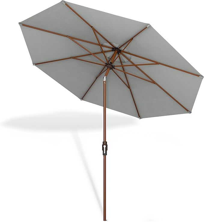 Midtown Umbrellas The Wooden 2-10 Feet Large Patio Umbrella, Terylast Matter Grey Fabric - Auto-Tilt Aluminum Frame For Backyard Umbrella, Deck Umbrella, Garden Umbrella & Pool - Wooden Pole