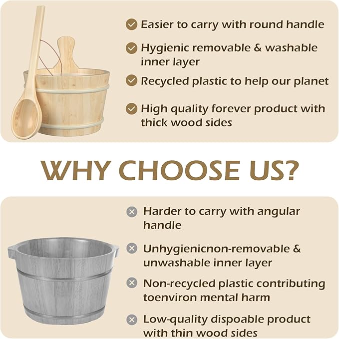 Sauna Bucket and Ladle, Sauna Accessories Made of Hand-Made Camphor Pine, Wooden Sauna Set with Plastic Lining and Handle
