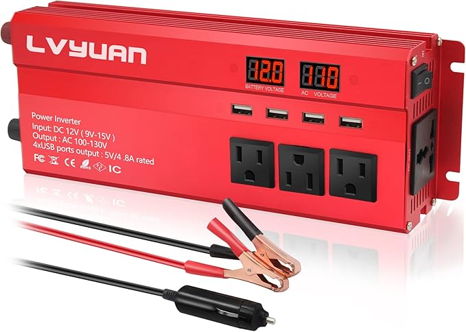 Yinleader Car Power Inverter 1000W/2000W(Peak) DC 12V to 110V AC Converter with Intelligent LED Display 4 AC Outlets 4 USB Charger for RV Caravan Truck Laptop(Red)
