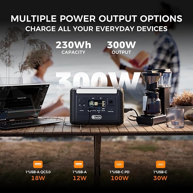 Flashfish T300pro 300W Portable Power Station 230Wh LiFeP04 Battery, 600w Surge, Pure Sine Wave AC Outlets, 100W USB-C PD, 1.2H Fast Recharge, Solar Generator for Camping, Rv, Outdoor &Emergency Use