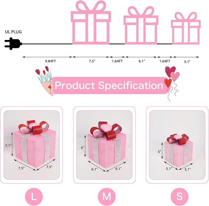 Set of 3 Lighted Gift Boxes, Plug-in 60 LED Light Up Pink Present Boxes for Christmas Decorations Indoor Home Wedding Holiday Birthday Party Porch (Pink Heart)
