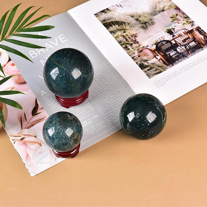 JIC Gem Natural Ocean Jasper Crystal Sphere Decorative Ball with Wooden Stand Meditation Balls for Witchcraft Reiki Healing Gift 50-60mm