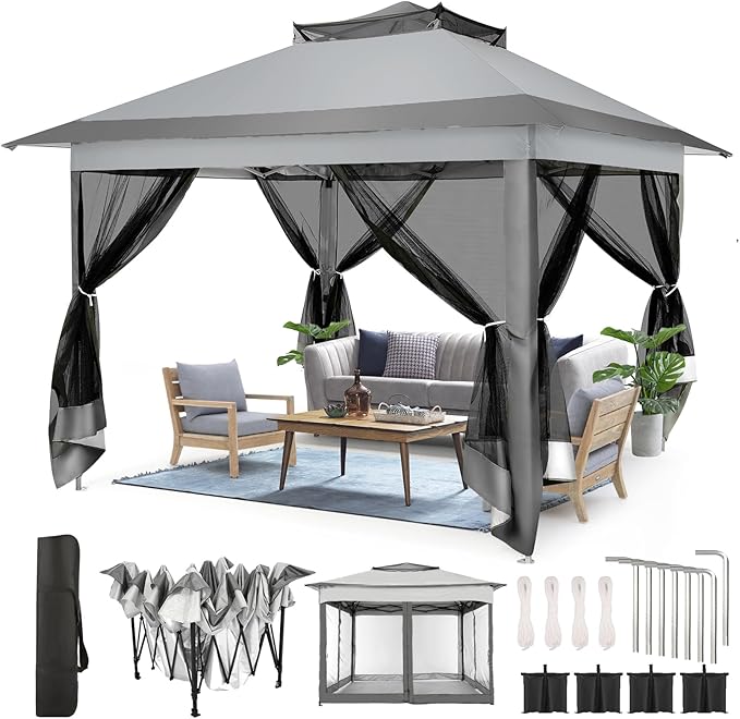 COBIZI 10x10 Pop Up Gazebos on Clearance 11x11 Canopy Tent Easy Up Outdoor Gazebo Waterproof Portable Gazebo with Mosquito Nettings, Double Vented Roof and Carry Bag for Patio Garden Lawn(Gray)