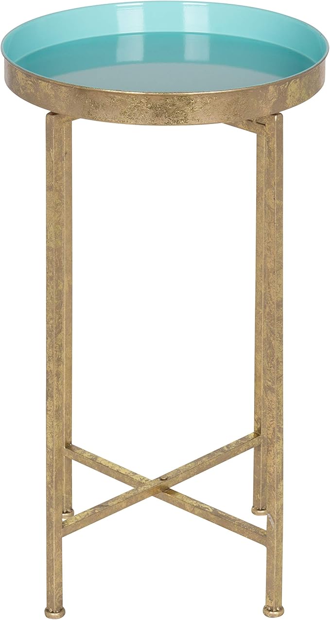 Kate and Laurel Celia Round Foldable Tray Accent Table, 14" x 14" x 25.75", Light Teal and Gold, Modern Minimalist Design and Magnetic Tabletop