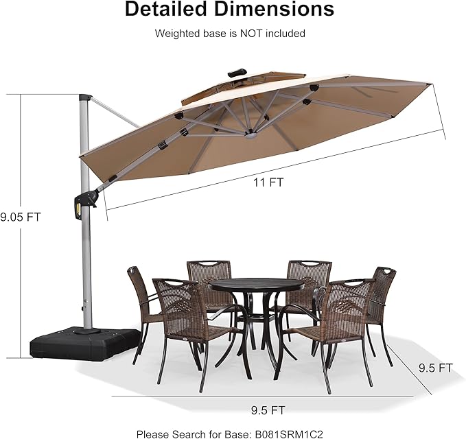 PURPLE LEAF 11ft Solar powered LED Patio Umbrella Outdoor Round Umbrellas Large Cantilever Umbrella with LED lights Windproof Offset Umbrellas Heavy Duty for Garden Deck Pool Patio, Beige