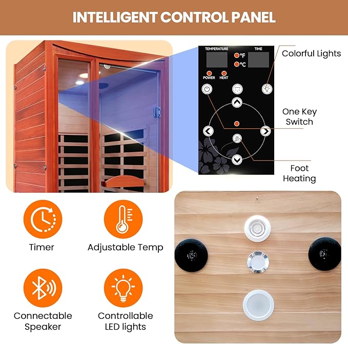 Sauna, Far Infrared Saunas for Home Room 1550W/110V Indoor Sauna for Single Person Okoume Wood Sauna Spacious 1 - 2 Person Low EMF Dry Sauna with Speakers/Air Hole and Color Lighting 39.4*35.4*74.8 IN