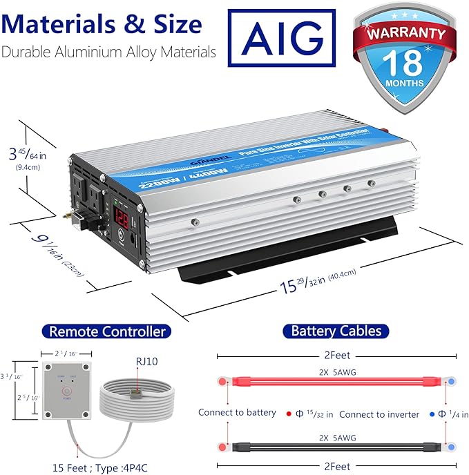 GIANDEL 2200W Pure Sine Wave Power Inverter 12V DC to 110V 120V AC with 20A Solar Charge Control Lithium Battery Compatible and Remote Control&LED Display for RVs Truck Off Grid Solar System