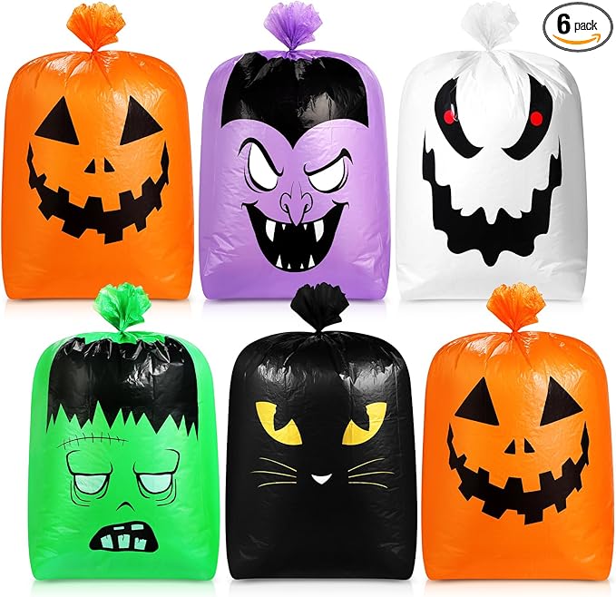 Qilery 6 Pcs Large Halloween Leaf Bags Halloween Reusable Pumpkin Lawn Trash Bags with Twist Ties for Yard, Garden, and Outdoor Party Favors Decorations