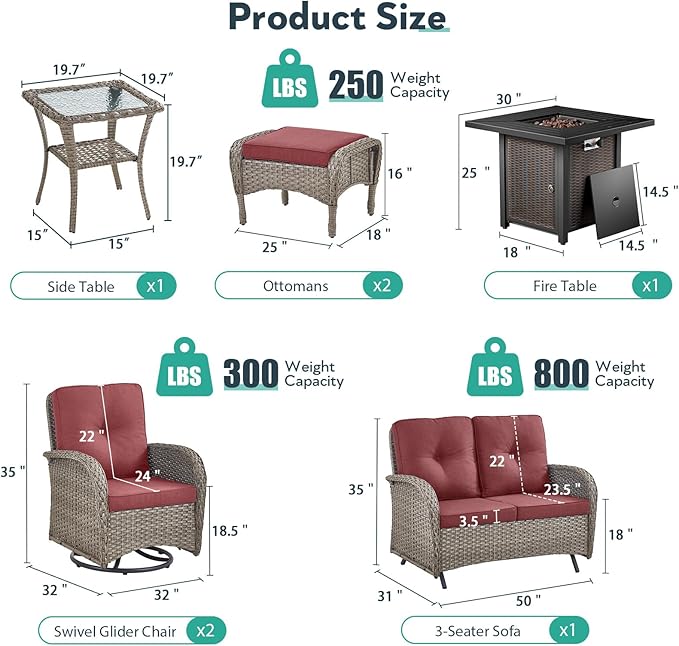 7 Piece Patio Furniture Set with Fire Pit Table - Wicker Patio Conversation Set with Swivel Glider, Glider Loveseat, Side Table and 2 Ottomans for Deck Backyard - Grey Wicker Red Cushion