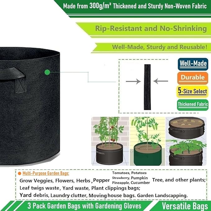 3-Pack 40 Gallon Thickened Plant Grow Bags Large (28x16 in) Heavy Duty Garden Bag Fabric Plant Pots for Potato,Tomato Planter,Herbs Veggies Planting,Flower Pots,Barrel Planter,Yard Waste Bag,Leaf Bags